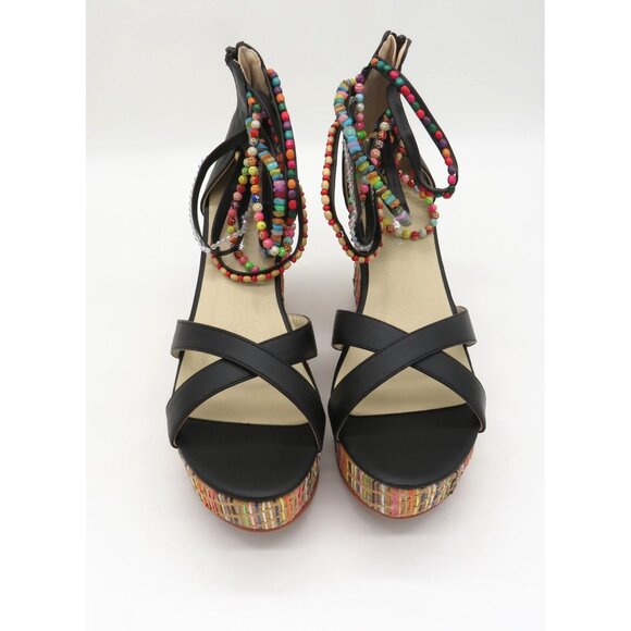 Get More Beauty Women's Black Wedge Sandals Multicolor Beaded Straps 10 NEW - Picture 2 of 7